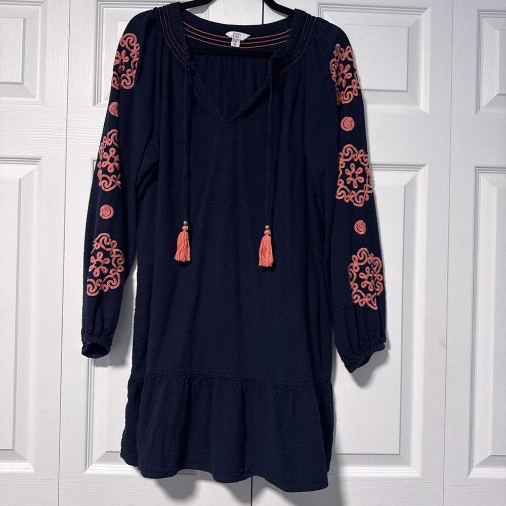 Crown and Ivy Navy blue dress with orange floral embroidery on sleeves and tasse